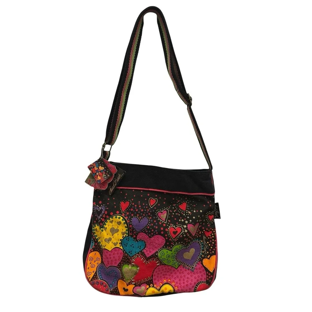 Laurel Burch Colorful Hearts Purse Crossbody Beaded Sequin Canvas Y2K NEW